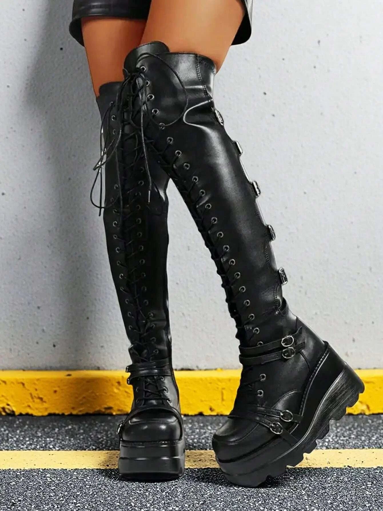 KIMLUD, Gothic Over The Knee Boots Y2k Chunky Heel Lace Up Combat Booties Metal Buckle Punk Women Cosplay Holloween Dress Shoes, KIMLUD Womens Clothes