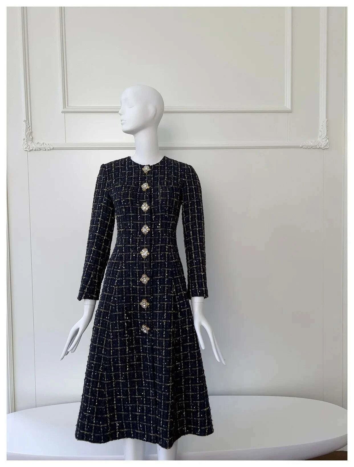 KIMLUD, IEQJ Fashion Autumn Winter Evening Dress Women O-Neck Long Sleeves Single-breasted Zipper Cotton Tweed Umbrella Dresses New, KIMLUD Womens Clothes