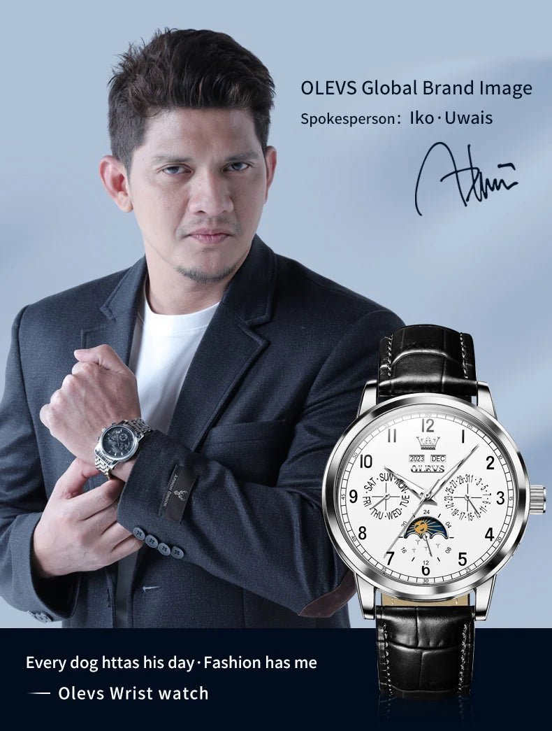 Leather Dress Watch Moon Phase Automatic — Black | KIMLUD