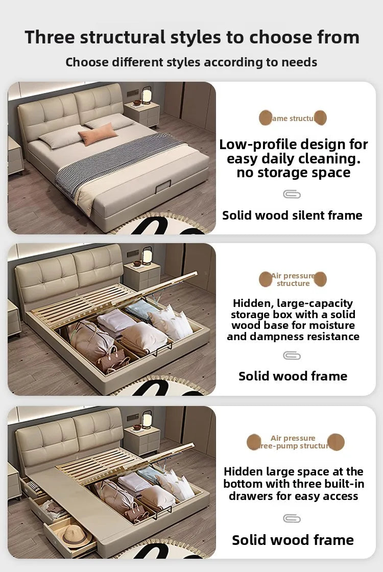 Modern Minimalism Genuine Napa Leather Bed With Built-In Storage Drawers — Beige | KIMLUD