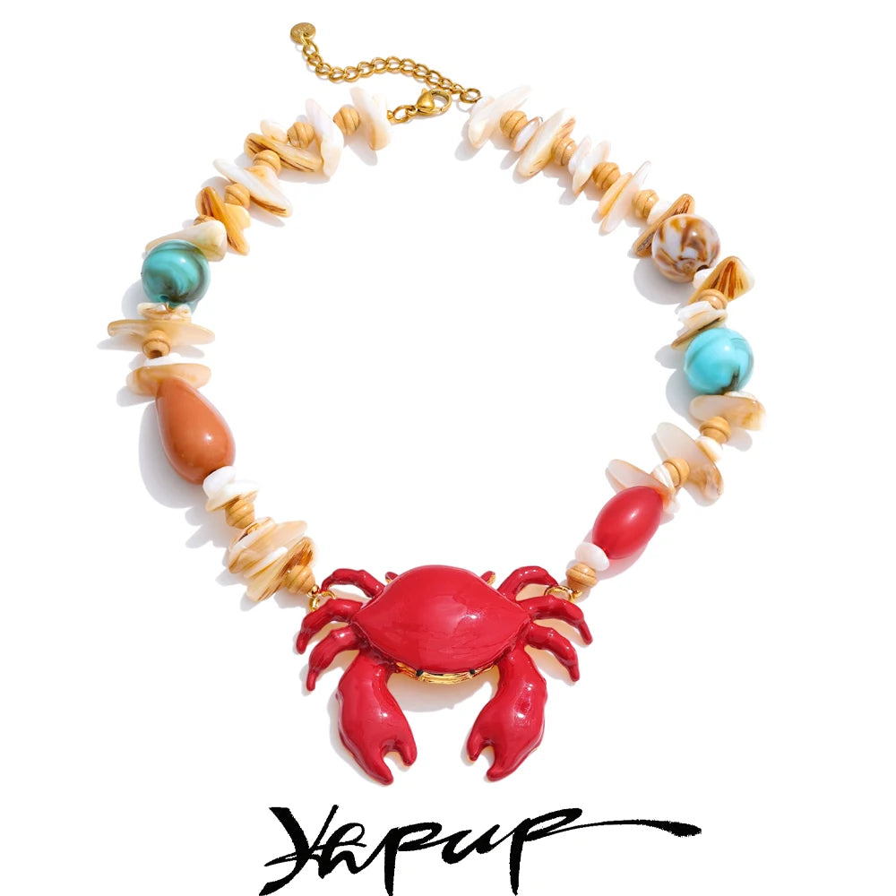 Shell Resin Ocean Style Crab Pendant Necklace — Red | KIMLUD
