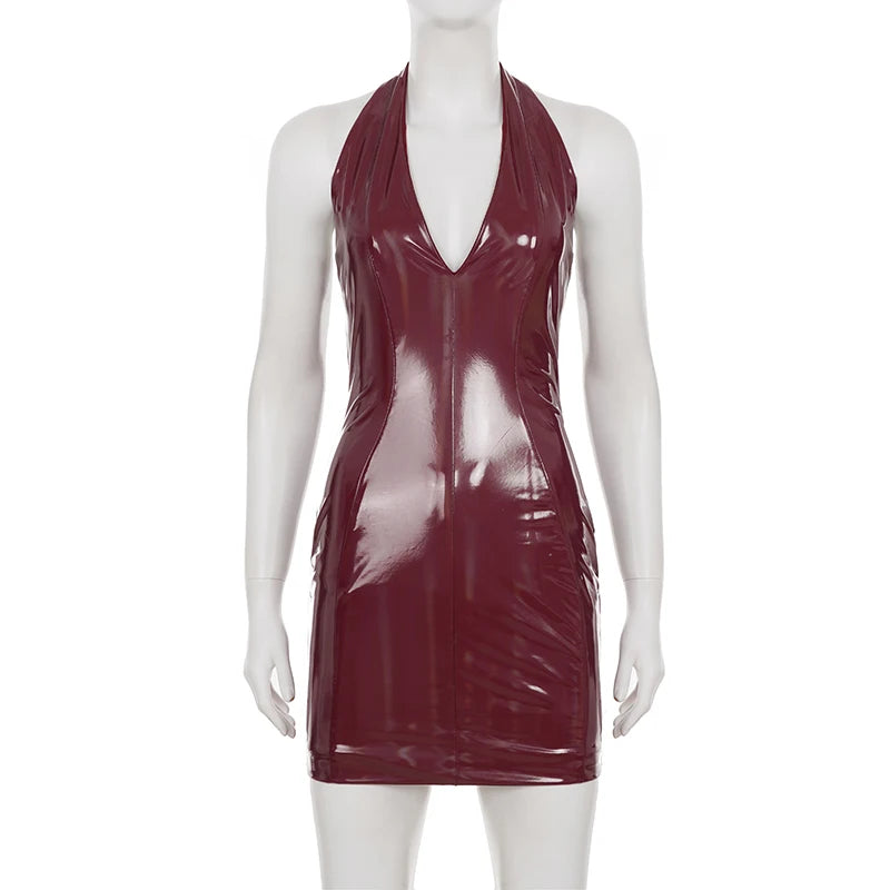 PU Leather Bodycon Dress Deep V-Neck Sleeveless Backless Ultra-Slim Fit — Burgundy | KIMLUD