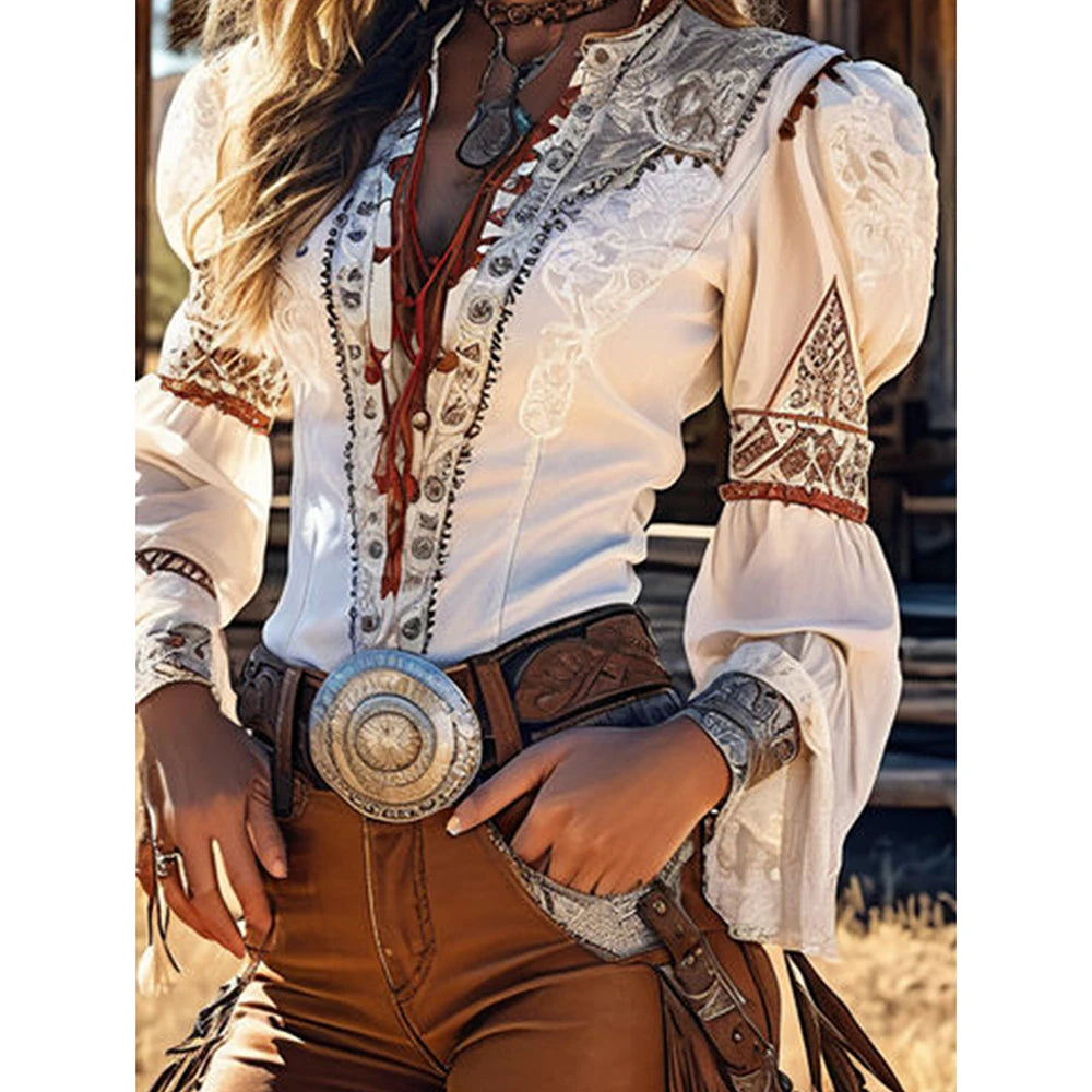 Blouse – Lace-Up Puff Sleeve – White | KIMLUD