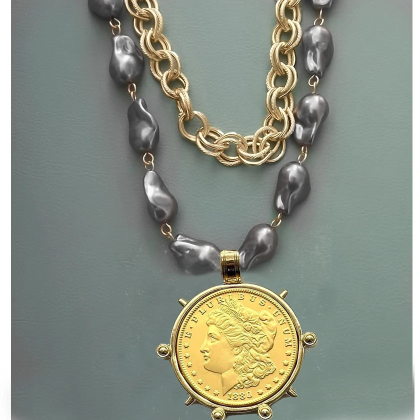Choker Necklace - Coin Charm Pendant - Cubic Zirconia - Grey | KIMLUD