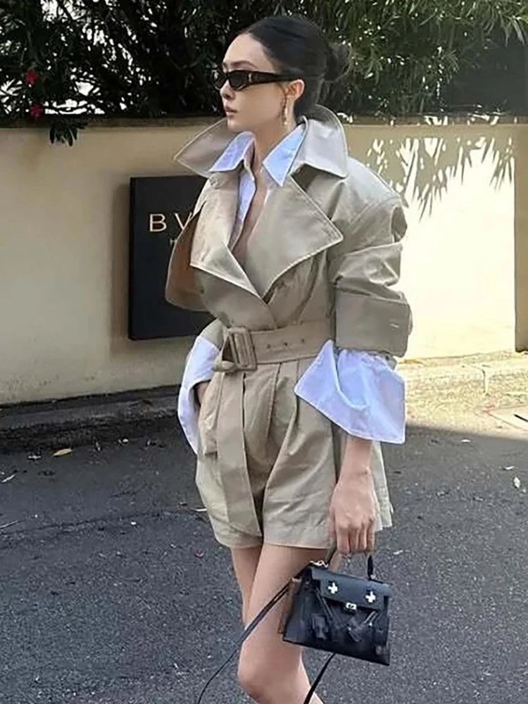 DEAT Fashion Khaki Jumpsuit Women's Lapel Double-Breasted Sashes Trench Coat Loose Rompers Autumn New 7A1521