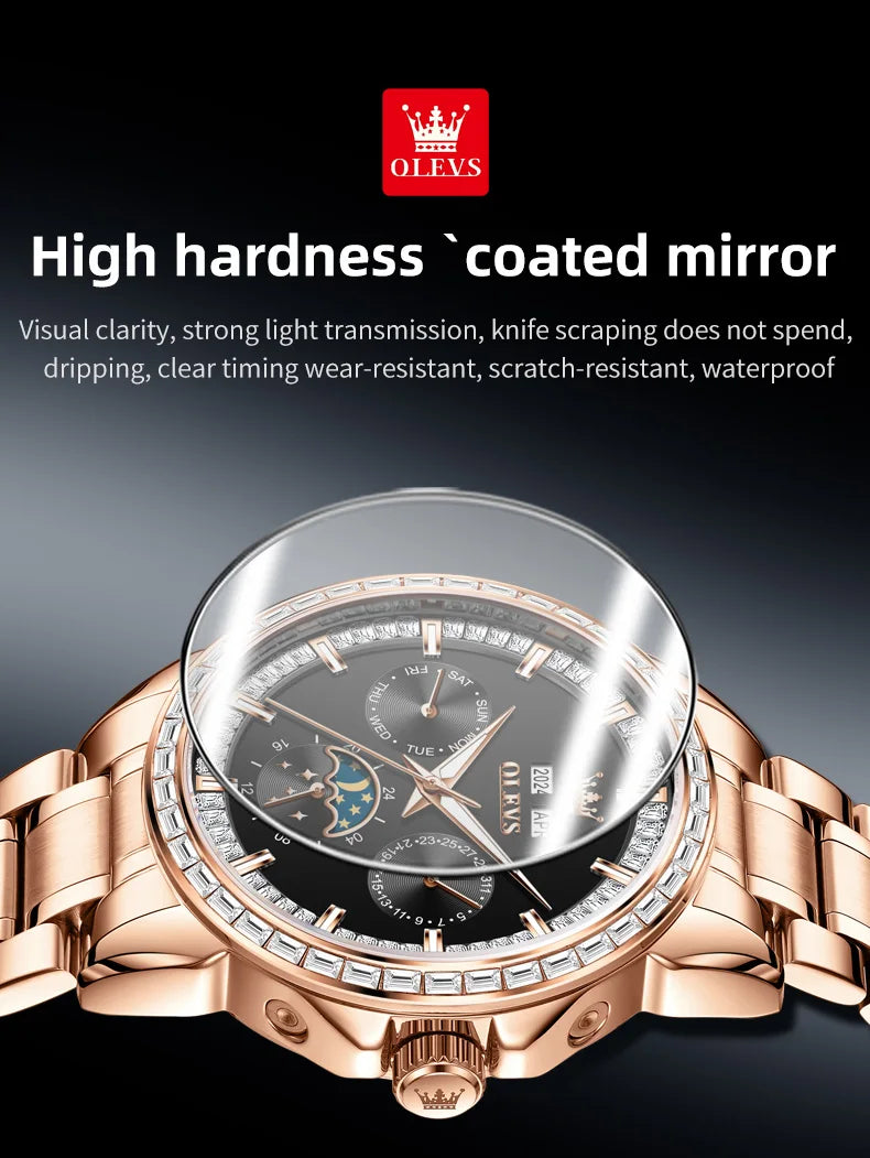 Rose-Gold Moon Phase Diamond Bezel Watch — Black | KIMLUD