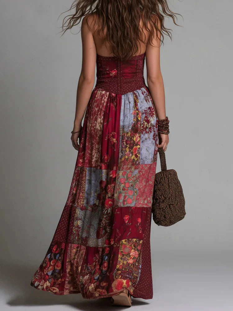 Polyester Patchwork Evening Maxi Dress — Purple | KIMLUD