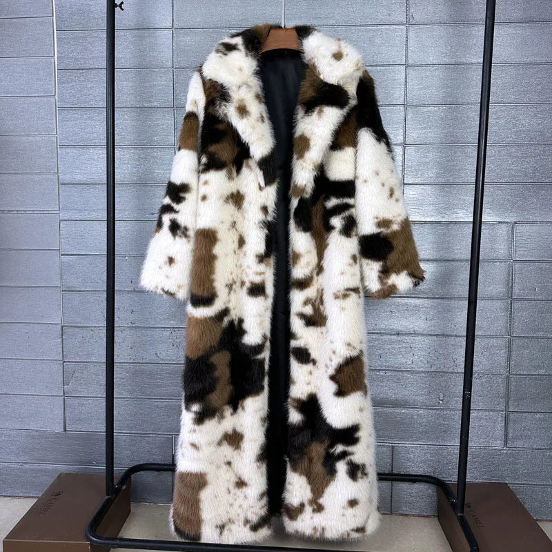 DEAT 2025 Winter New Fashion Thick Faux Fox Fur Coat For Women Contrast Color Suit Collar Warm Overcoat Female Trendy 11A06744