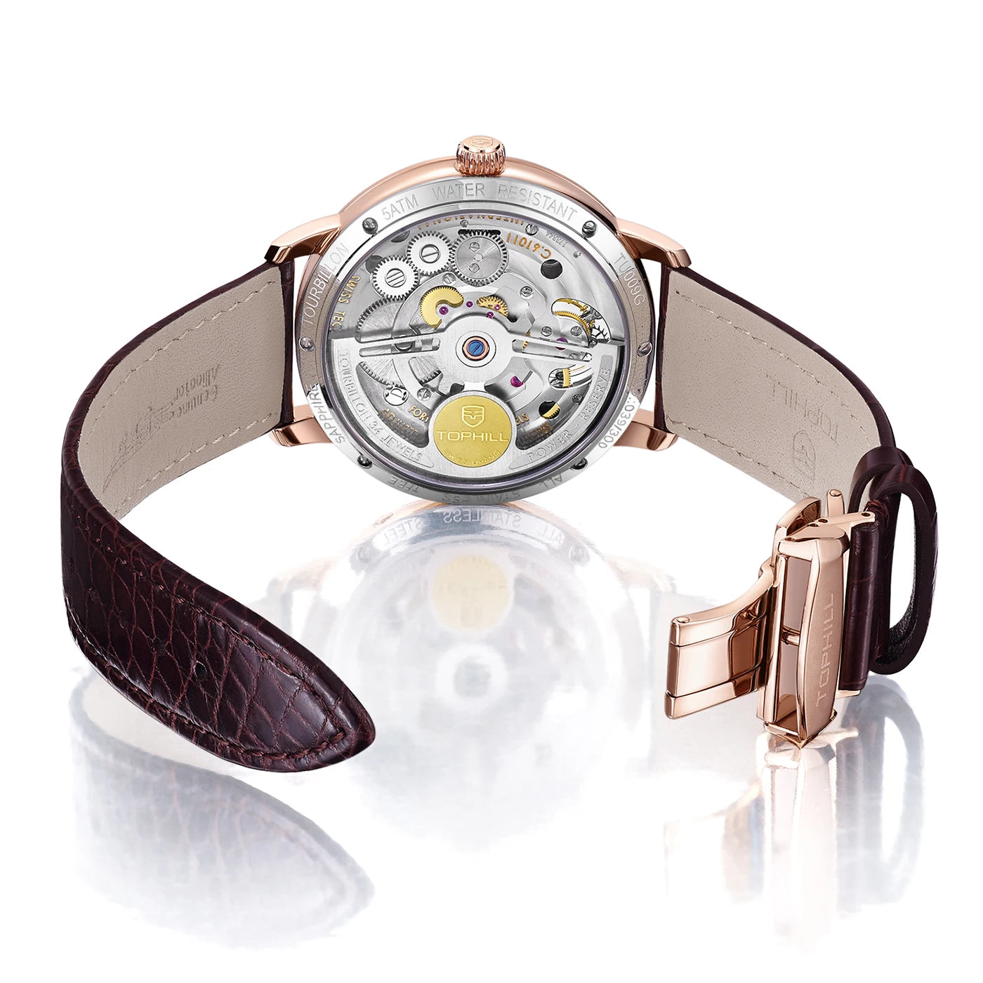 Tourbillon Wristwatch Rose-Gold Tone Case Leather Strap — Burgundy | KIMLUD