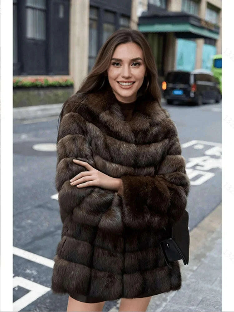 KIMLUD, LANMREM Brown Hooded Women's Faux Mink Fur Coat Thick Autumn Winter Chic New Cardigan Mid Length Loose Warm Jackets 2DB4632, KIMLUD Womens Clothes