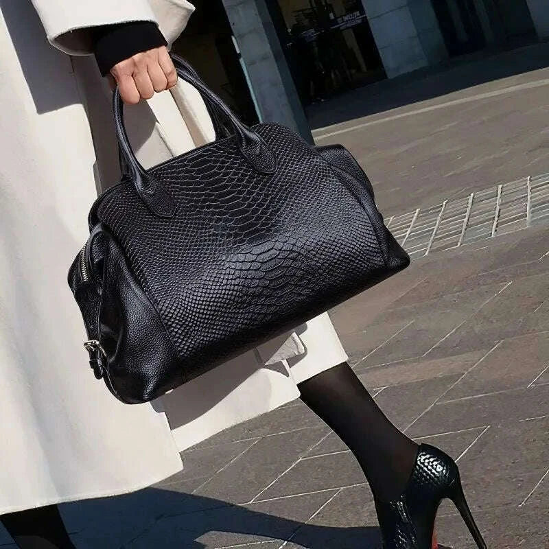 KIMLUD, Aidrani Light Luxury Genuine Leather Women's Bag with Crocodile Pattern Large Capacity Women's Handbag Black Commuter Multi func, KIMLUD Womens Clothes