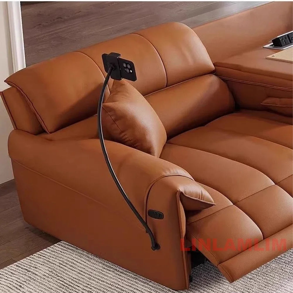 Italian Genuine Leather Electric Reclining Sofa With Adjustable Footrest USB And Foldable Center Console — Caramel Tan | KIMLUD