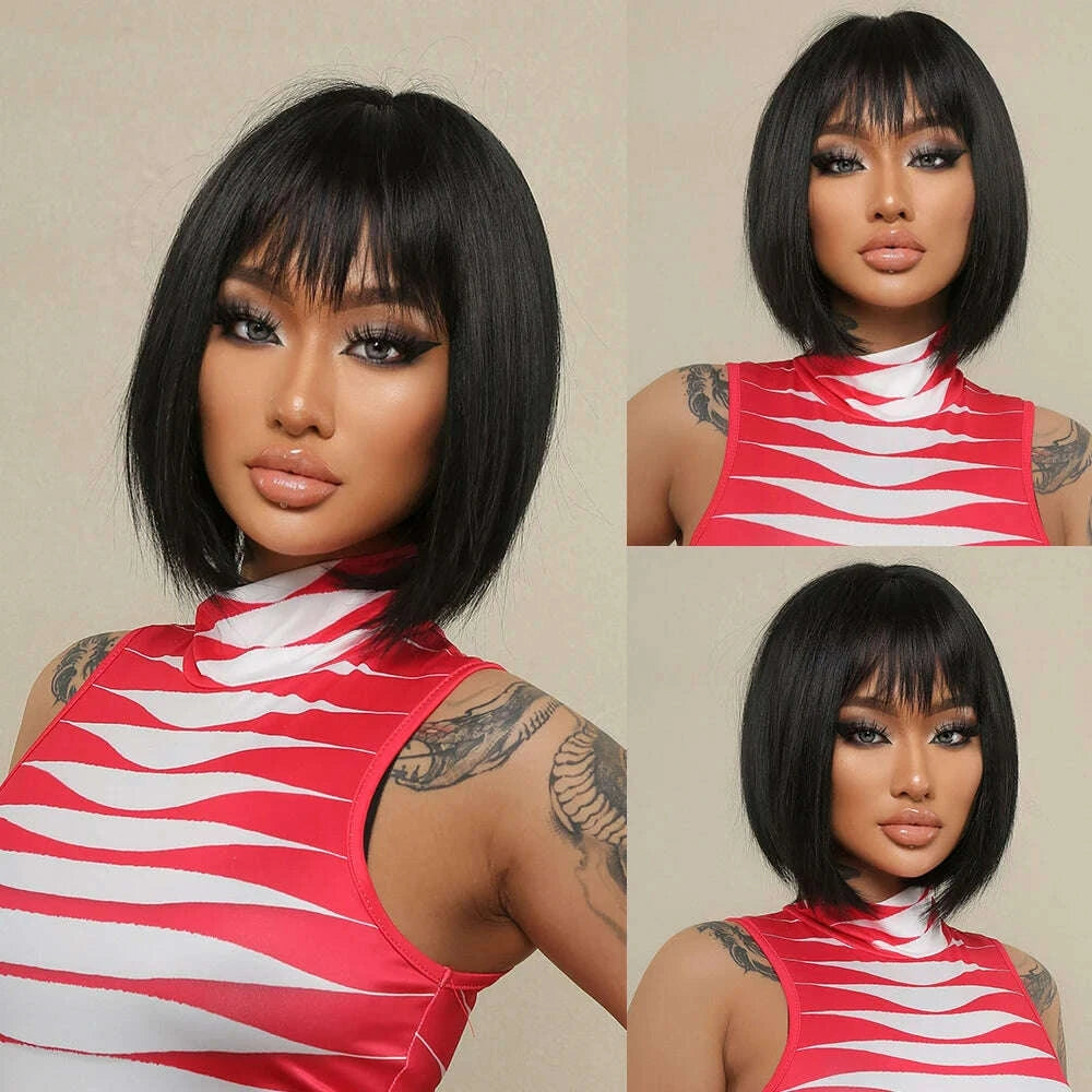 KIMLUD, Short straight synthetic wig Ginger Brown Bob wig with straight bangs Ladies Cosplay daily natural high temperature silk wig, KIMLUD Womens Clothes