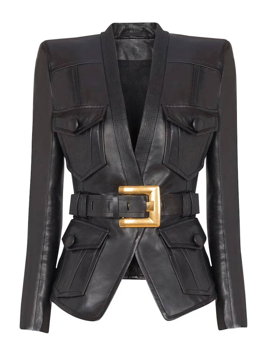 TWOTWINSTYLE Solid Slimming Spliced Pockets Temperament Jackets for Women V Neck Patchwork Button Fashion Jacket Female Clothing