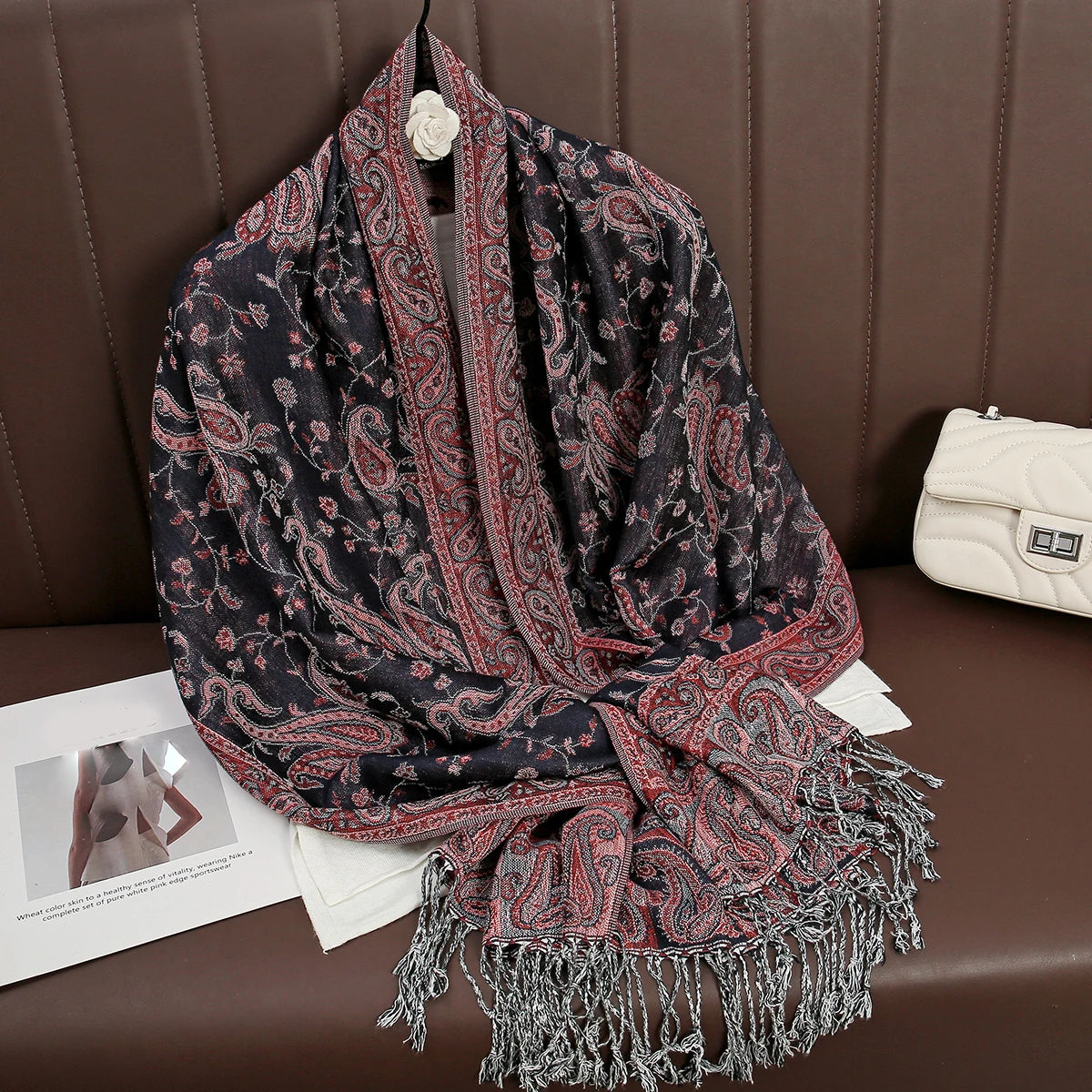 Cashmere Pashmina Shawl With Autumn Print Design, Olive Accents And Gold-Toned Fringe — Red | KIMLUD