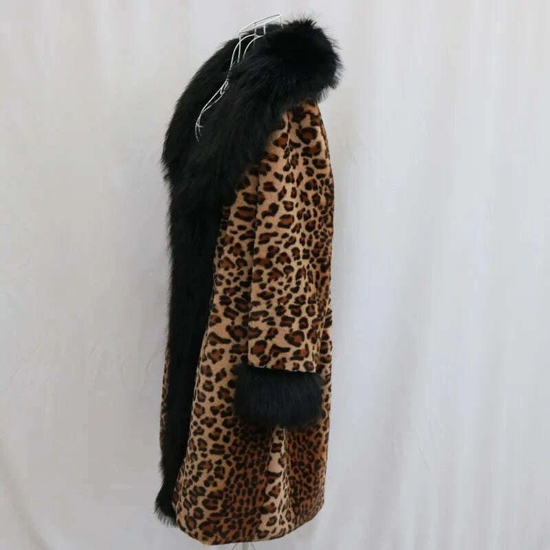 KIMLUD, Women's Clothing Leopard Print Coat Long Coat Mink Fur Overcoat Fox Fur Fur Collar Winter Warm Windbreaker Loose Fit Plus Size, KIMLUD Womens Clothes