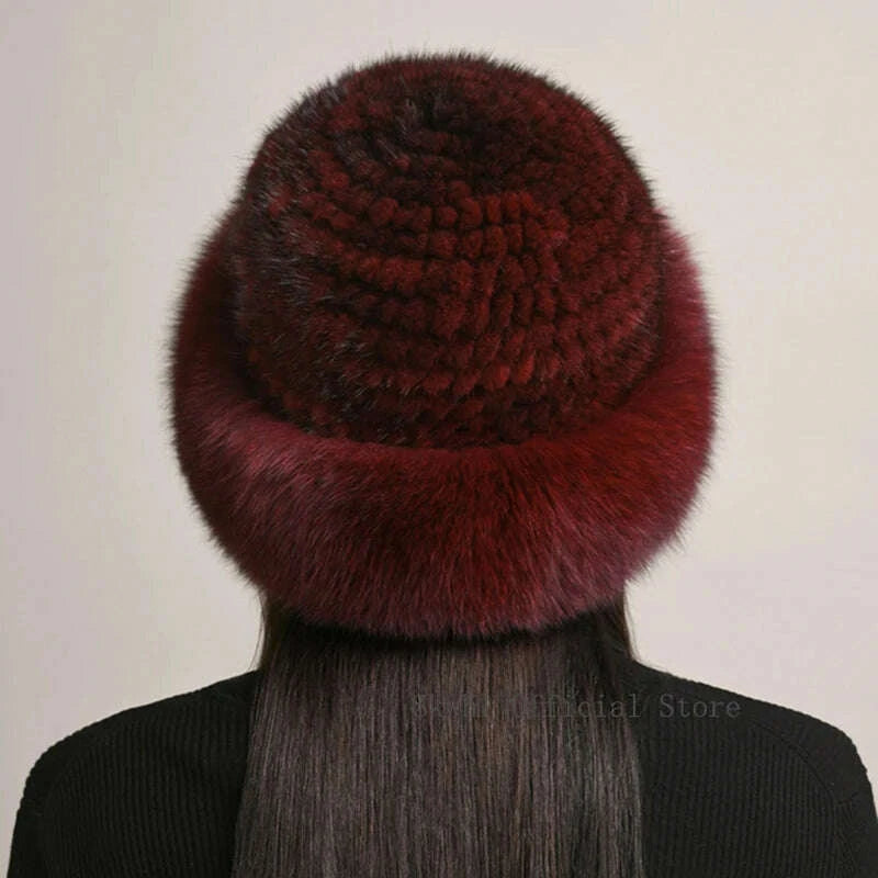 KIMLUD, New Genuine Real Natural Knitted Mink Fur Hat Cap Luxury Women Handmade Knit Fashion Winter Headwear Warm Real Fox Fur Beanies, KIMLUD Womens Clothes