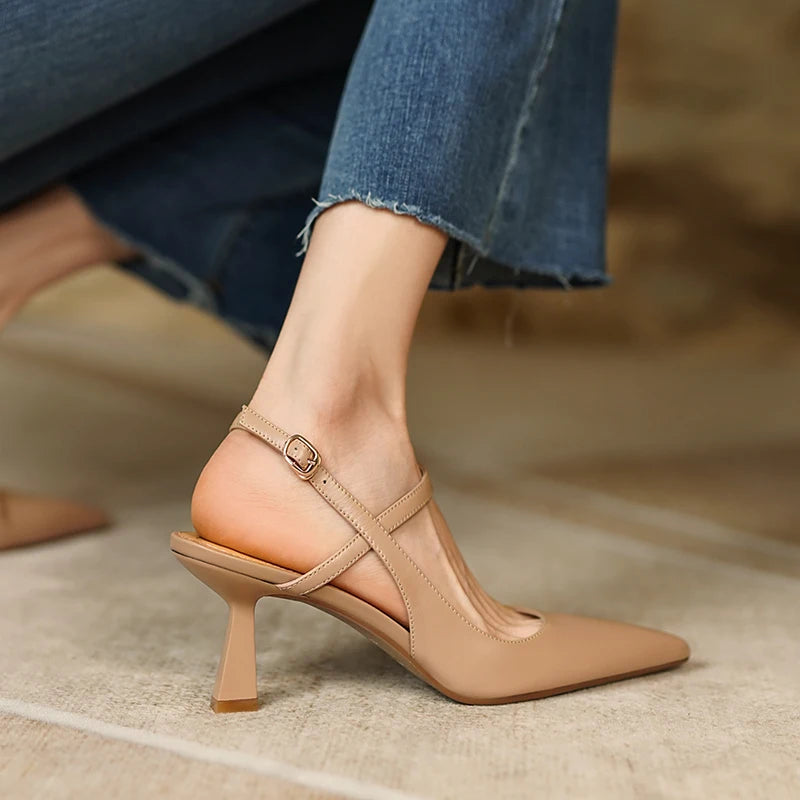 Genuine Leather Slingback Shoes Pointed Toe High Heels — Black | KIMLUD