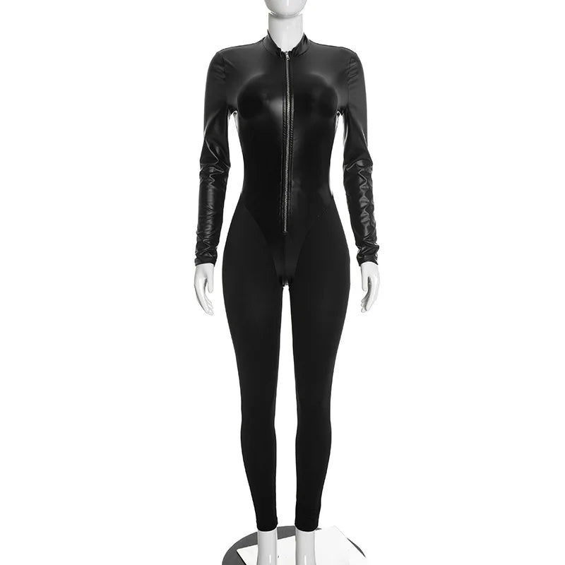 Jumpsuits – PU Leather Patchwork – Skinny – Black | KIMLUD