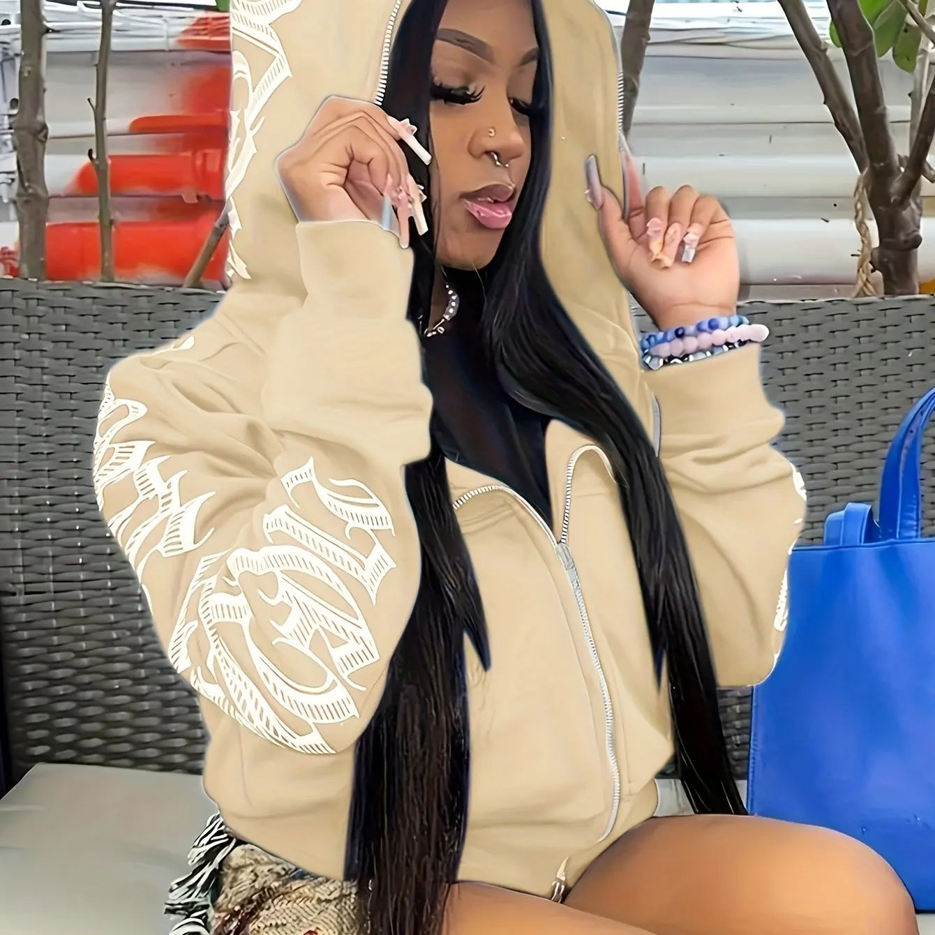 Hoodie Sweatshirt – Letter Print Zip Up – Polyester Spandex | KIMLUD