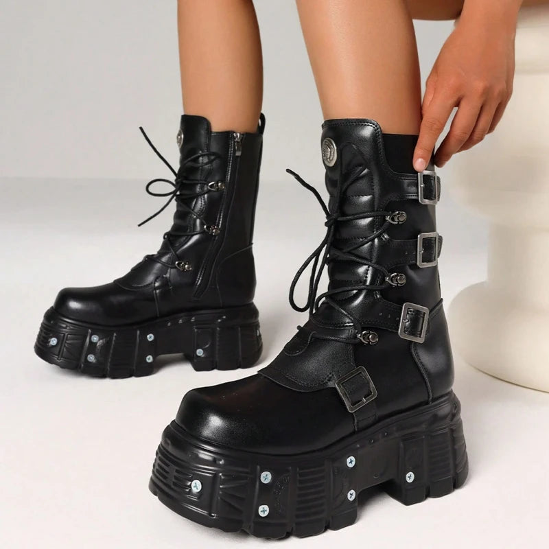 Cool Fashion Women Combat Boots Chunky Heels Thick Bottom Studs Zip Buckle Platform Punk Gothic Luxury Women Street Shoes