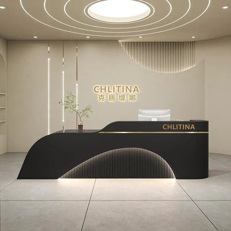 Simple Modern Front Reception Desk Curved Silhouette — White | KIMLUD