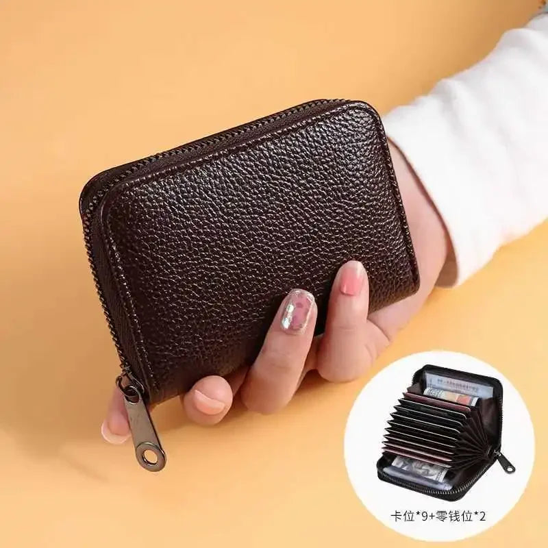 Vintage PU Leather Card Holder Wallet With Multi Slot Zipper — Black | KIMLUD