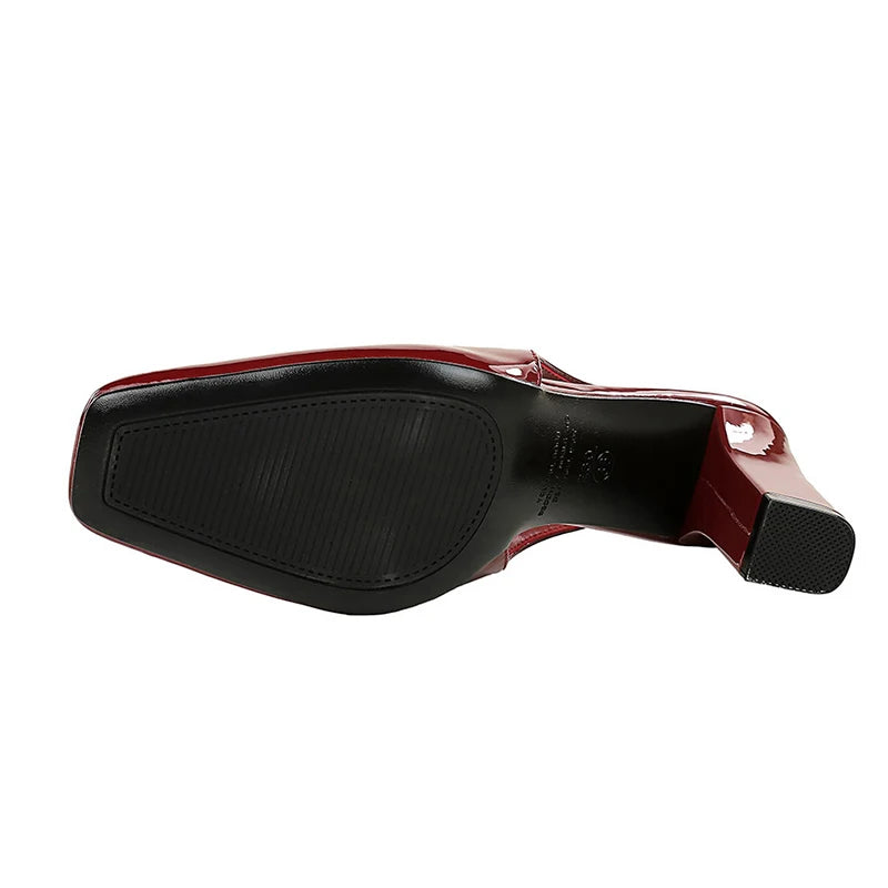 Patent Leather Block Heel Sandals — Wine Red | KIMLUD