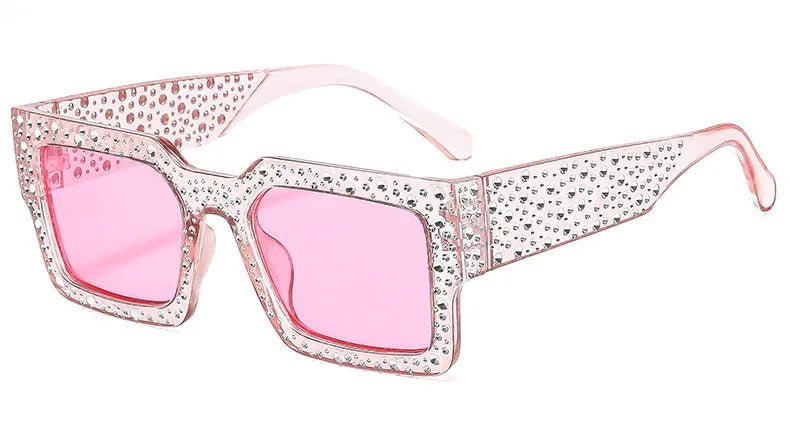 Plastic Diamond-Studded Square Sunglasses — Black | KIMLUD