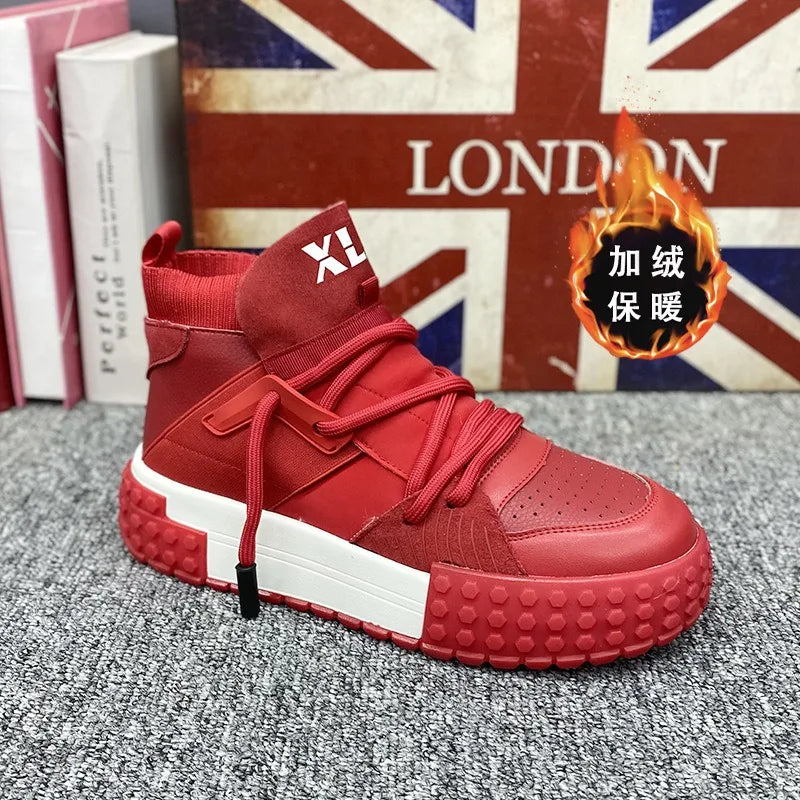 High Top Sneaker Men Designer Winter Plush Warm Snow Boots Fashion Casual Leather Upper Height Increased Flat Platform Shoes