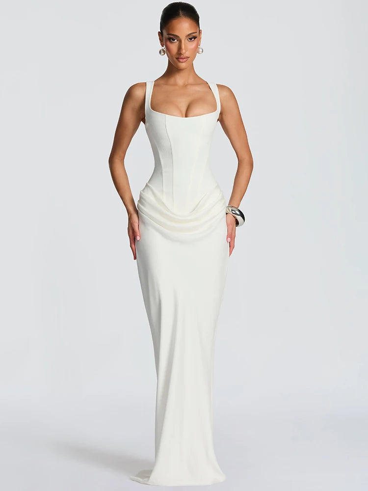 Backless Maxi Dress With Square Collar — Burgundy | KIMLUD