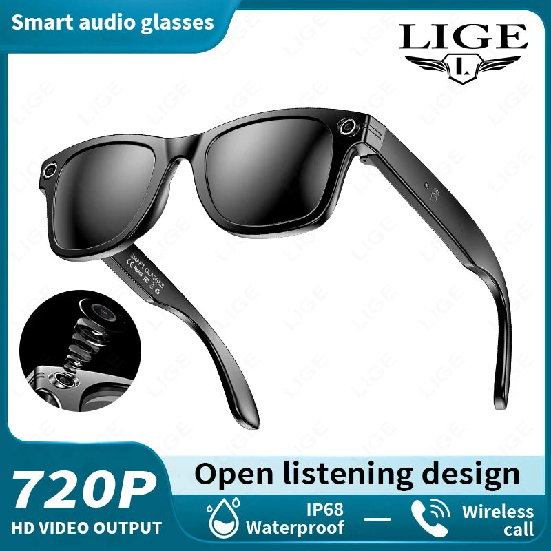 LIGE Camera Smart Sunglasses Video Recording AI Photo Recognition Eyeglasses Wireless Bluetooth Call Glasses Sports Headphones