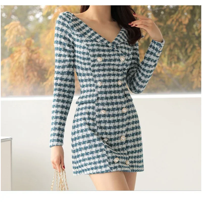 Long-sleeved Plaid Small Fragrance V-neck Women Dress Slim Double-breasted Korea Chic Elegant Vintage Spring Autumn Mini Dress - KIMLUD