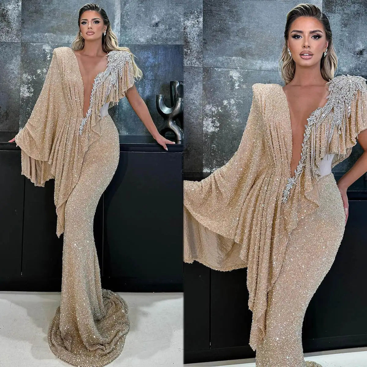 llusion Mermaid Evening Dress For Black Women Sequined V Neck Crystal Beading Prom Gowns Formal Party Second Reception Dresses