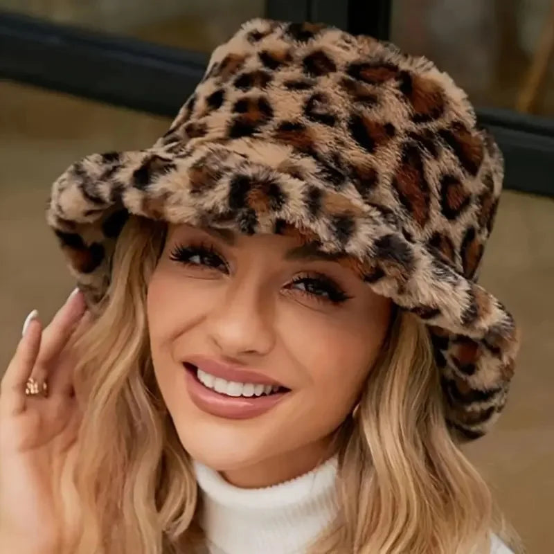 Stylish Leopard Print Bucket Hat - Soft Polyester Fleece Fisherman Cap ightweight, Sun Shade, Winter Fashion Accessory for Wome