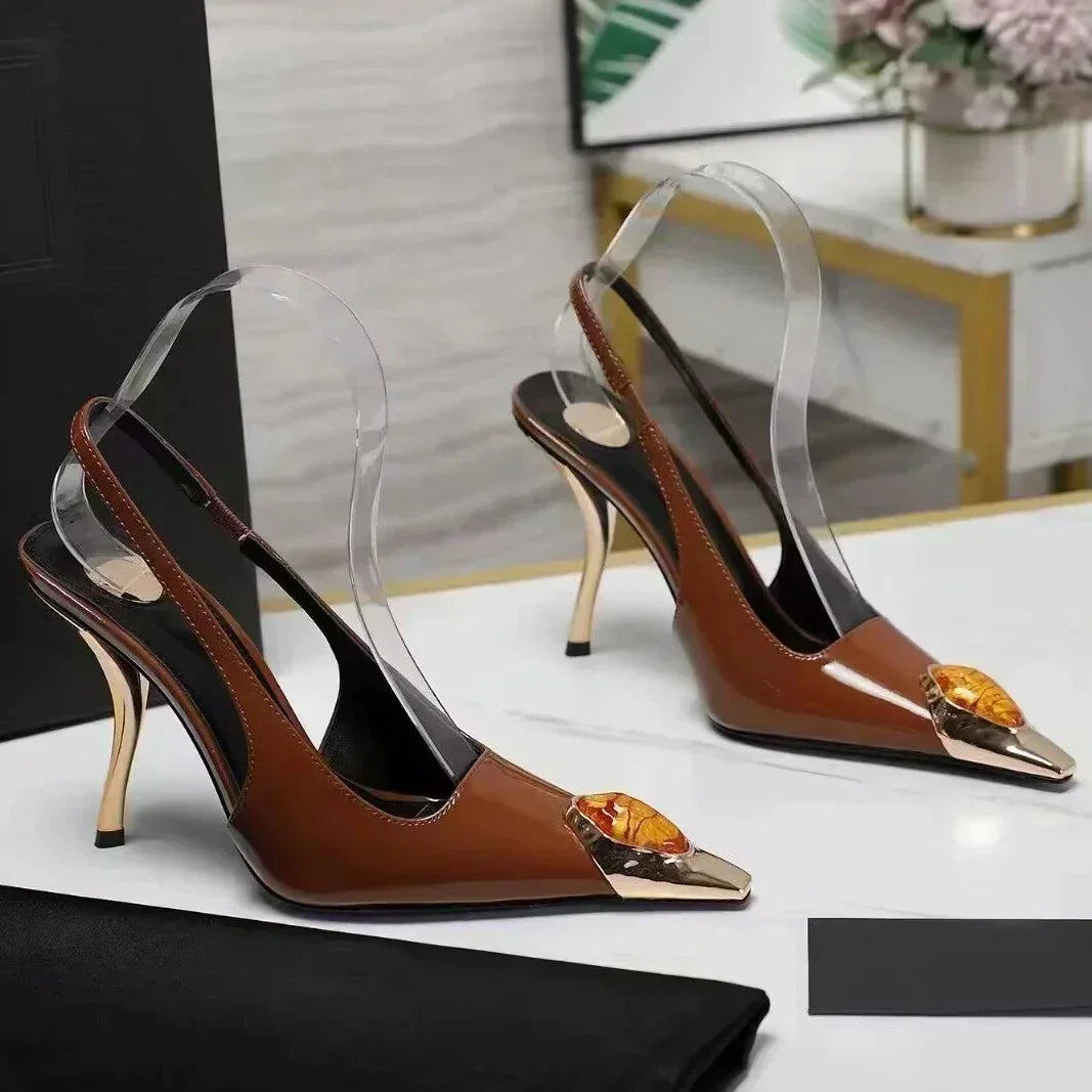 Metal Jewel Decoration Heels Pointed Toe Patent Leather — Black | KIMLUD