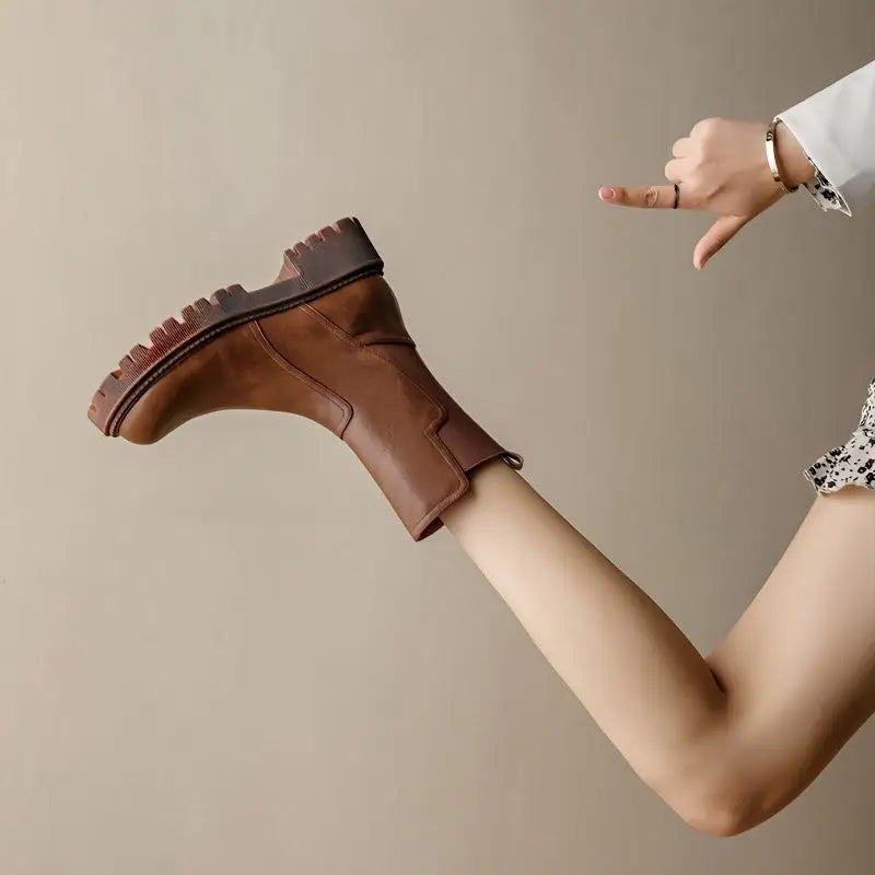Women's Half High Boots Brown Round Toe Ladies Mid Calf Shoes Chelsea Flat Comfortable and Elegant Winter 2024 Novelty Cosplay