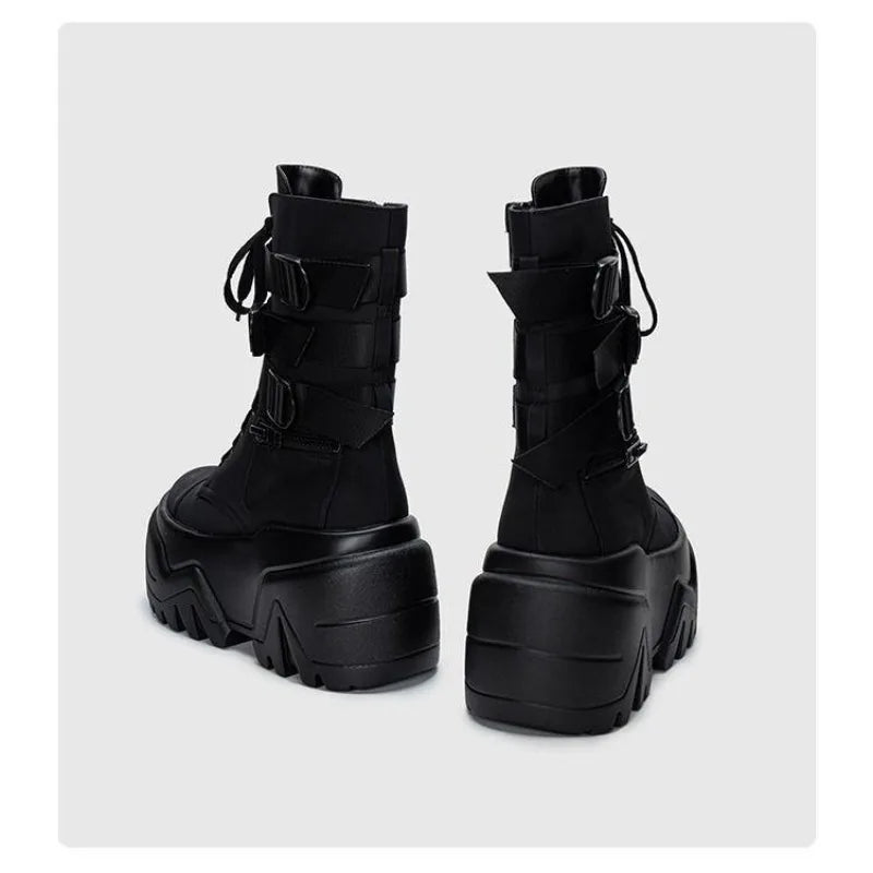 Women Ankle Booties Autumn Leather Chunky Shoes Woman High Platform Breathable Sneakers 9CM Thick Sole Wedges Motorcycles Boots