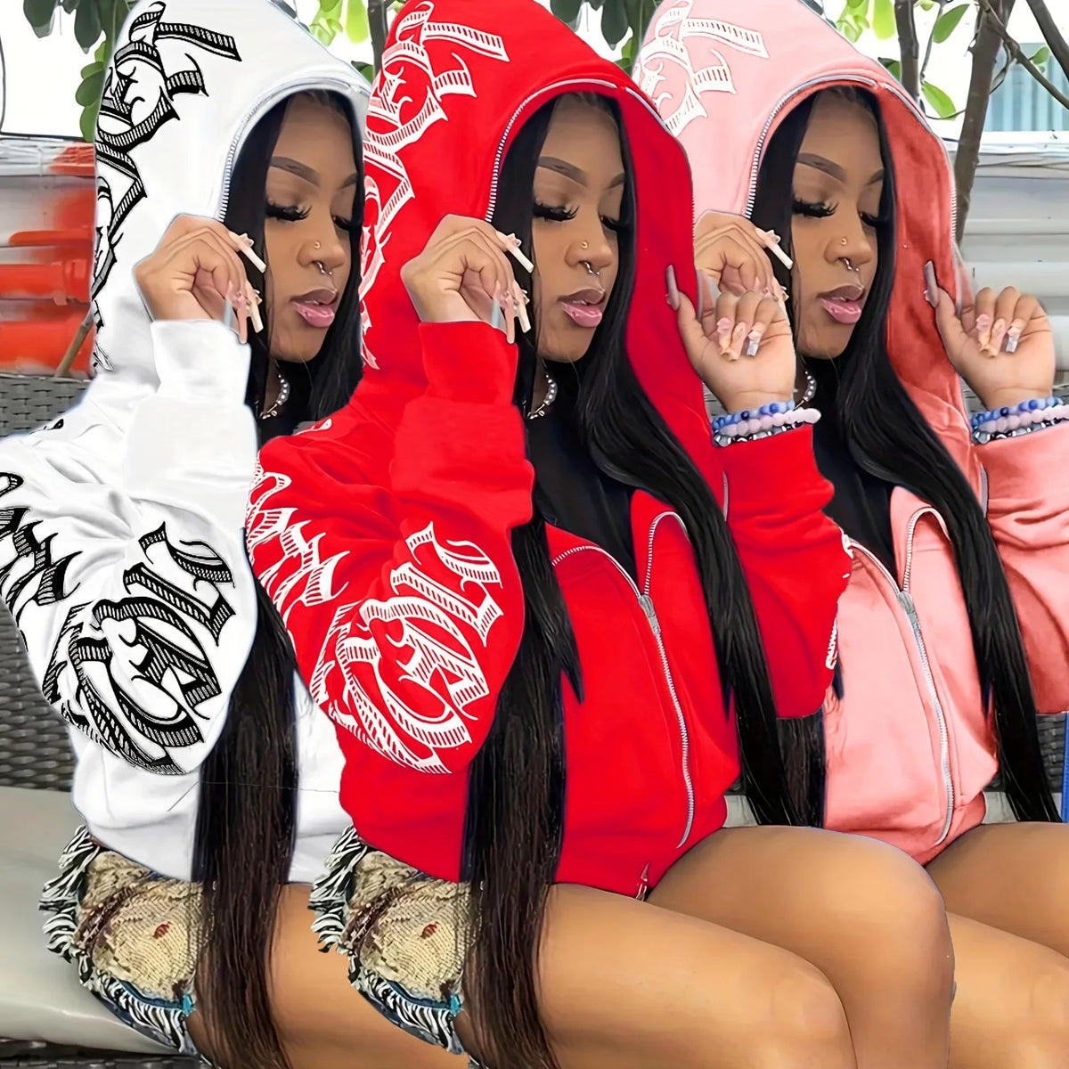Hoodie Sweatshirt – Letter Print Zip Up – Polyester Spandex | KIMLUD