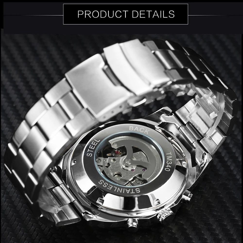 Stainless Steel Skeleton Watch Luminous Hands — Black | KIMLUD