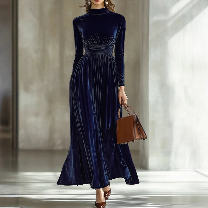 New Autumn Winter Half High Collar Long Sleeve A-Line Maxi Dresses Women Fashion Velvet Party Long Dress Christmas Evening Dress