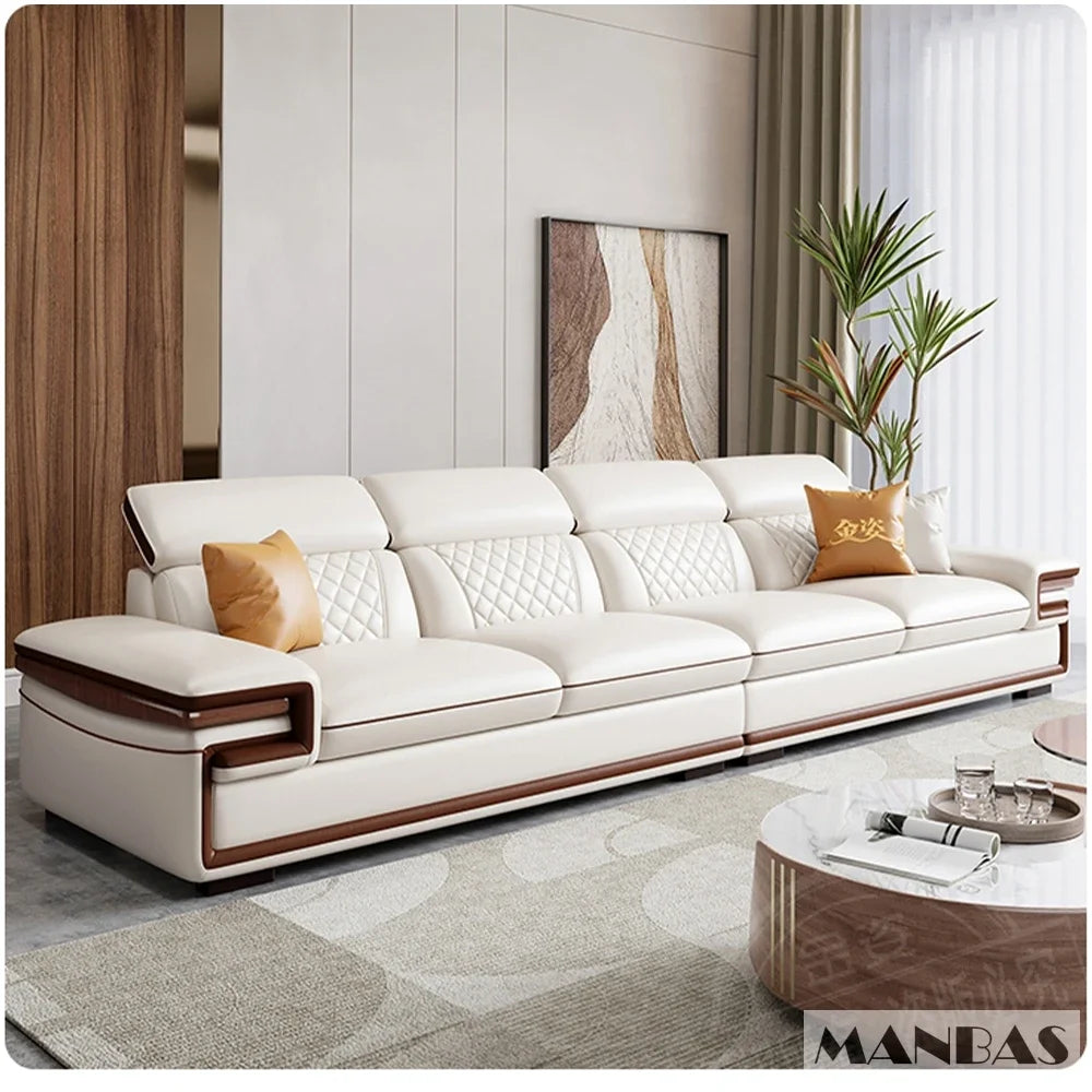 Genuine Italian Leather Sofa Set With Adjustable Headrests — Ivory | KIMLUD