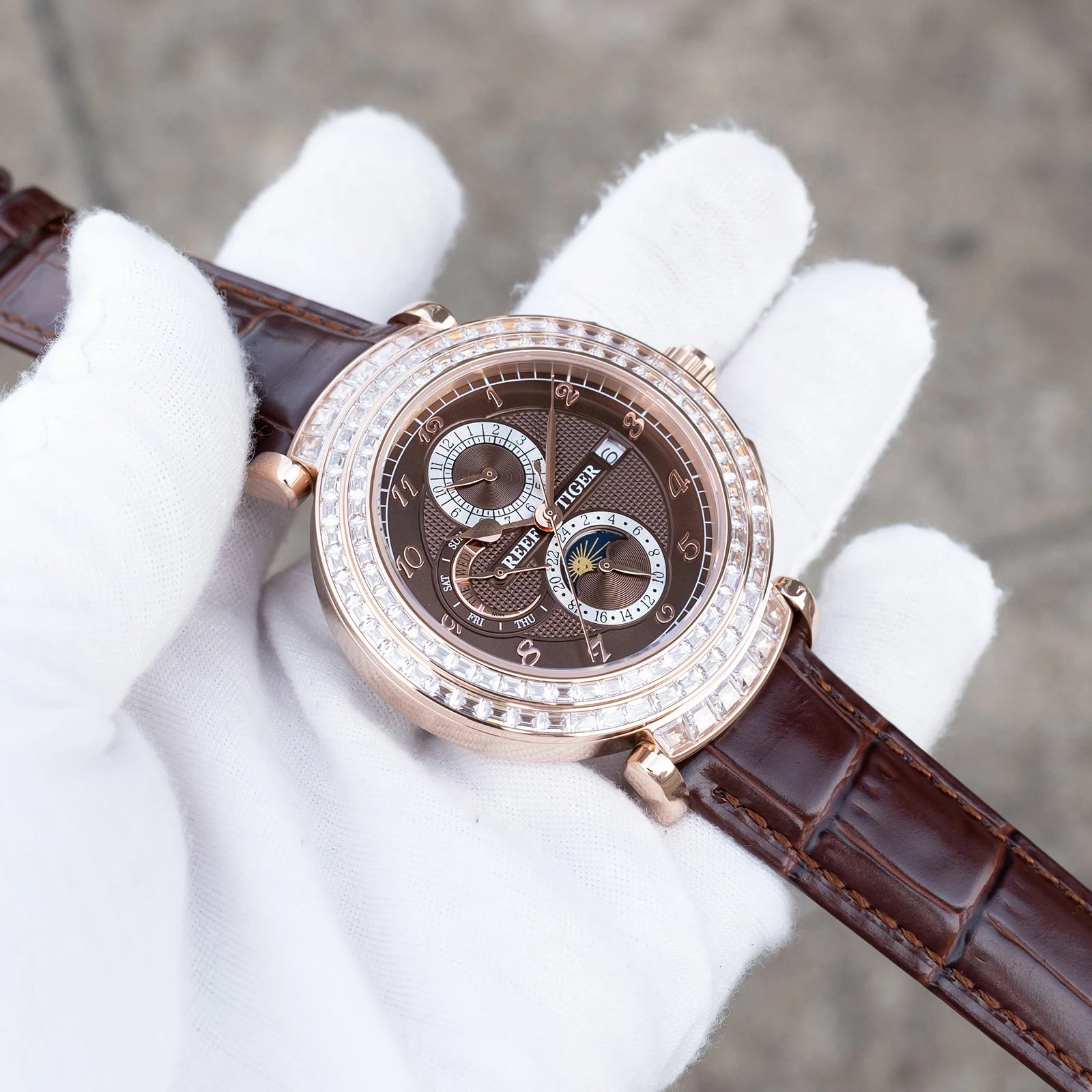Rose Gold Moonphase Date Mechanical Watch — Brown | KIMLUD