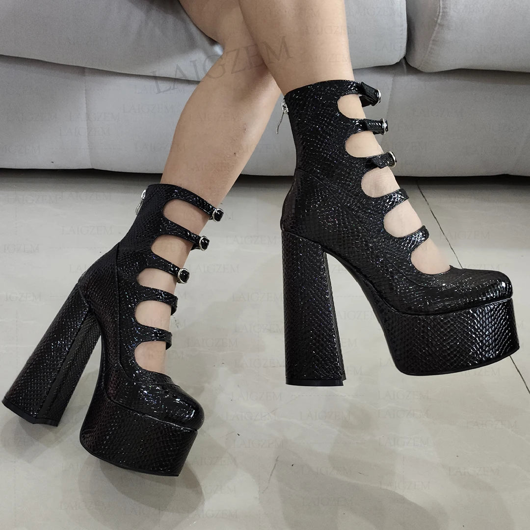Synthetic Round Toe Pumps With Back Zip And Buckle Straps For A Sculpted Evening Silhouette — Black | KIMLUD