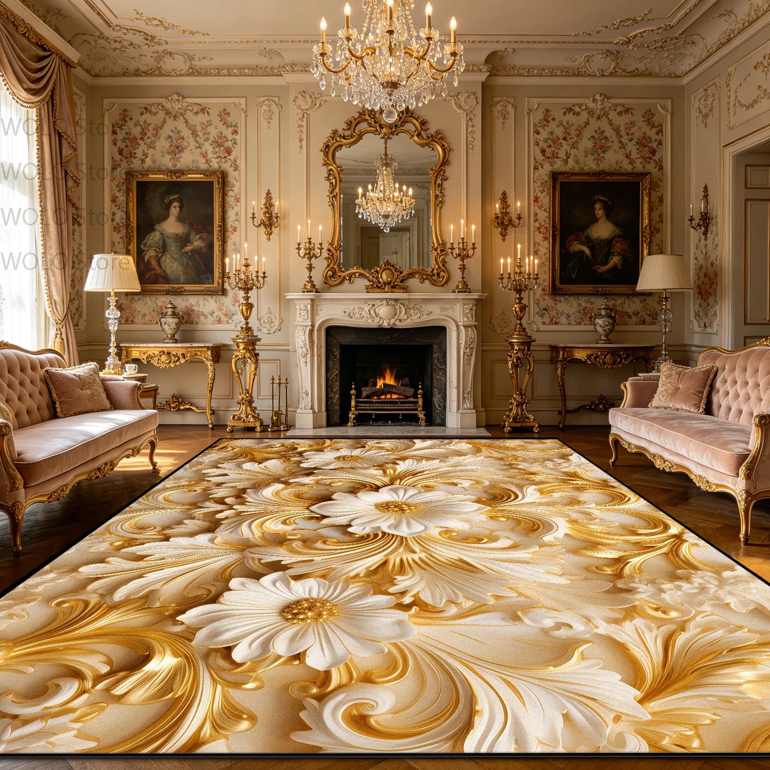 Luxurious Rococo Geometric Area Rug — Gold | KIMLUD