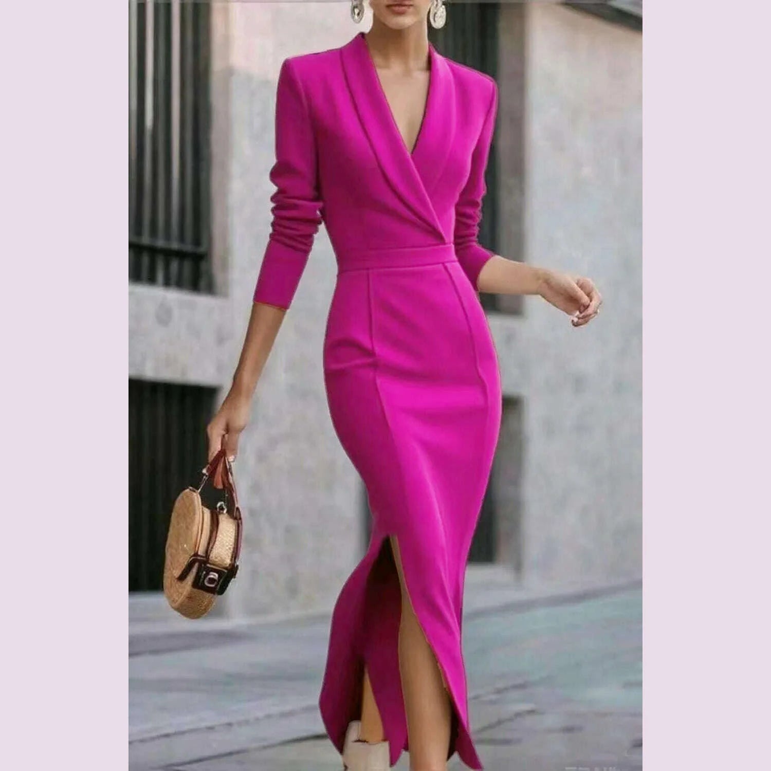 autumn-winter-new-fashionable-green-fruit-collar-slim-fit-long-dress-solid-color-waist-cinched-hem-slit-long-sleeved-dress-womenkimlud-womens-fashion-34624913