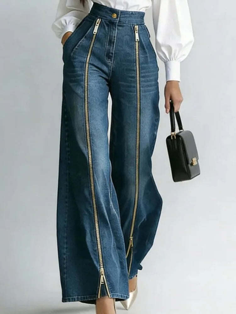 Jeans – High Waist Wide Leg With Double Zipper Split Hem – Denim | KIMLUD