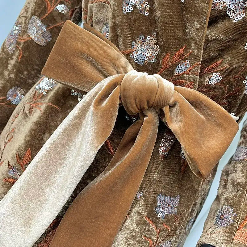 Women Spring Autumn New Heavyweight Sequined Embroidered Jacquard Coat Brown Velvet Stand-Collar Slim Fit Trench Coat Top