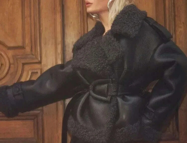 KIMLUD, Faux Fur Leather Long Jacket Women Lapel Long Sleeve Belt Thicken Female Coats Winter Fashion Street Patchwork Lady Outwear, KIMLUD Womens Clothes