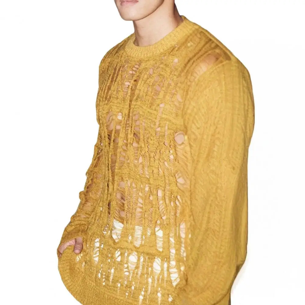 Hollow-Out Mesh Knit Top Crew Neck Long Sleeve — Black | KIMLUD
